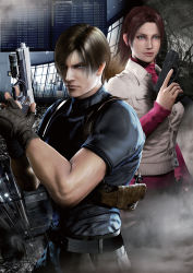 00s 1boy 1girl absurdres airport capcom claire_redfield curtained_hair gun highres holster leon_s._kennedy resident_evil resident_evil:_degeneration shoulder_holster weapon 