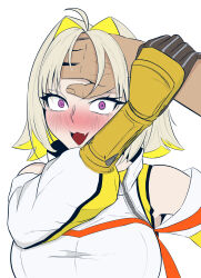  1girl 1other ahoge blonde_hair blush breasts clothing_cutout crop_top elegg_(nikke) fang gloves goddess_of_victory:_nikke hair_intakes hair_over_eyes hand_on_another&#039;s_head holding_another&#039;s_wrist large_breasts long_bangs long_sleeves looking_at_viewer multicolored_clothes multicolored_gloves multicolored_hair nap_apron open_mouth purple_eyes short_hair shoulder_cutout skin_fang two-tone_hair  rating:General score:14 user:Leksa