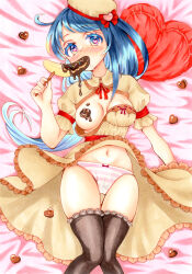  1girl alternate_costume artist_request beret black_thighhighs blue_eyes blue_hair breasts candy chocolate chocolate_banana chocolate_heart chocolate_on_body chocolate_on_breasts clothes_lift convenient_censoring dress dress_lift food food_on_body hat heart heart-shaped_pillow heart-shaped_pupils kantai_collection long_hair marker_(medium) medium_breasts navel panties pillow pink_panties samidare_(kancolle) striped_clothes striped_panties symbol-shaped_pupils thighhighs traditional_media underwear very_long_hair yellow_dress 