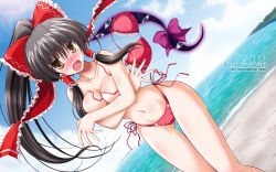 1girl bikini black_eyes black_hair blush breasts brown_eyes cleavage clothes_theft collarbone colorized covering_privates covering_breasts female_focus gap_(touhou) hakurei_reimu highres large_breasts long_hair navel nipples open_mouth ponytail portal_(object) red_bikini side-tie_bikini_bottom simple_background solo swimsuit swimsuit_theft tears theft thigh_gap touhou very_long_hair wardrobe_malfunction yamu_(reverse_noise) rating:Questionable score:28 user:danbooru