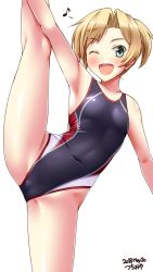 1girl alternate_costume armpits artist_name black_one-piece_swimsuit blonde_hair competition_swimsuit covered_navel cowboy_shot dated eighth_note flat_chest green_eyes highres kantai_collection looking_at_viewer maikaze_(kancolle) musical_note one-piece_swimsuit one_eye_closed open_mouth parted_bangs ponytail scrunchie simple_background smile solo split standing standing_on_one_leg standing_split swimsuit teeth tsuchimiya upper_teeth_only white_background rating:Questionable score:35 user:danbooru