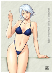 1girl azasuke bikini blue_eyes christie_(doa) dead_or_alive female_focus highres looking_at_viewer middle_finger solo swimsuit tecmo white_hair rating:Explicit score:5 user:Anonymous