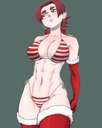 1girl abs bikini breasts christmas large_breasts limn044 original red_hair revealing_clothes roxan_(limn044) simple_background solo striped_bikini striped_clothes swimsuit