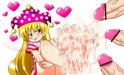  1girl 3boys :p bar_censor barefoot blonde_hair censored clownpiece cum cum_on_body cum_on_lower_body cum_string ejaculation feet foot_focus hat heart hetero holding_legs jester_cap legs_up long_hair madou multiple_boys naughty_face penis smile soles toes tongue tongue_out touhou wings  rating:Explicit score:62 user:asdfqwerzxcv