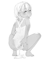  1girl after_anal aftersex anus ass barefoot blush completely_nude cum cum_in_ass cum_in_pussy cum_pool cumdrip female_focus from_behind full_body greyscale grin halftone highres loli looking_at_viewer looking_back mizu monochrome nude one-piece_tan original simple_background smile solo spread_ass squatting sweat tan tanline  rating:Explicit score:347 user:ponekad