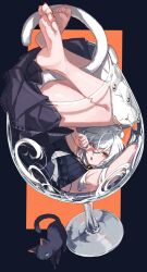  1girl animal_ears artist_request barefoot black_cat cat cat_ears cat_girl cat_tail cup feet in_container in_cup orange_eyes original tail upside-down white_cat white_hair 