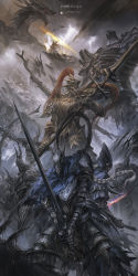 1girl 4boys 5others aiming armor artorias_the_abysswalker back-to-back battle blonde_hair blue_capelet bow_(weapon) braid breastplate capelet commentary copyright_name crown dark_souls_(series) dark_souls_i dragon dragon_slayer_ornstein dual_wielding electricity english_commentary english_text epic facing_away facing_viewer fake_horns faulds fighting_stance flying full_armor gauntlets glowing glowing_weapon gold_armor gwyn_lord_of_cinder hawkeye_gough helmet highres holding holding_bow_(weapon) holding_polearm holding_spear holding_weapon hood horned_helmet horns knight looking_up lord&#039;s_blade_ciaran magic multiple_boys multiple_others open_mouth pauldrons plume polearm reverse_grip short_sword shoulder_armor silver_knight_(dark_souls) single_braid spear standing stu_dts sword teeth weapon rating:Sensitive score:16 user:danbooru