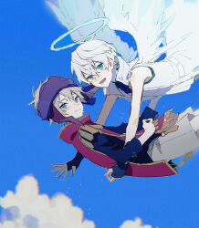  2boys angel angel_wings bacheally bandana black_gloves blue_eyes blue_sky closed_mouth cloud day fingerless_gloves flying gloves grey_hair hair_between_eyes halo headband highres imminent_hug jacket long_sleeves looking_at_viewer male_focus multiple_boys open_mouth original outdoors outstretched_arms shirt short_hair shorts sky sleeveless smile upper_body vest white_hair white_shorts wings 
