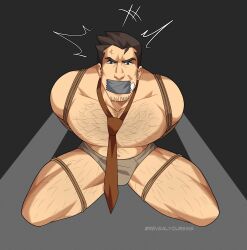  ace_attorney angry bara body_hair dick_gumshoe facial_hair gag hairy highres improvised_gag kneeling large_pectorals looking_at_viewer male_underwear mature_male muscular muscular_male navel necktie pectorals red_necktie revealyoursins shibari short_hair stubble tape tape_gag thick_eyebrows topless_male underwear 