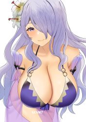  1girl absurdres artist_name bikini breasts camilla_(fire_emblem) camilla_(summer)_(fire_emblem) cleavage fire_emblem fire_emblem_fates fire_emblem_heroes flower genm7 hair_flower hair_ornament hair_over_one_eye highres huge_breasts long_hair looking_at_viewer nintendo o-ring o-ring_bikini official_alternate_costume purple_bikini purple_eyes purple_hair sarong simple_background smile solo swimsuit upper_body very_long_hair wavy_hair white_background 