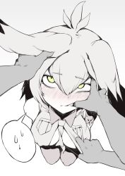  10s 1girl absurdres between_breasts blush breasts clenched_teeth commentary_request finger_in_another&#039;s_mouth full_body green_eyes greyscale hair_between_eyes hair_flaps hand_in_mouth head_grab highres karasu_raven kemono_friends kneeling looking_at_viewer looking_up medium_breasts monochrome necktie necktie_between_breasts open_clothes open_shirt pantyhose shirt shoebill_(kemono_friends) simple_background solo_focus spoken_sweatdrop spot_color sweatdrop teeth  rating:Sensitive score:118 user:danbooru