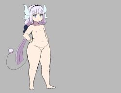  1girl belly biperadis blue_eyes cleft_of_venus completely_nude flat_chest full_body hand_on_own_hip horns kanna_kamui kobayashi-san_chi_no_maidragon legs loli nipples nude plump purple_hair pussy solo standing tail thick_thighs thighs wide_hips  rating:Explicit score:41 user:WomenAreTrash