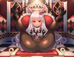 1girl 2018 animal_ears artist_name ass bad_id bad_pixiv_id bare_shoulders black_dress black_gloves black_pantyhose breasts cameltoe chain chair cleft_of_venus covered_anus cuffs dated dress elin flower gloves grin hair_flower hair_ornament high_heels kneepits leaning_back legs legs_up long_hair mary_janes no_panties pantyhose presenting pussy rabbit_ears red_eyes rikume see-through shoes silver_hair sitting small_breasts smile solo spread_legs spread_pussy spread_pussy_under_clothes strapless strapless_dress tera_online rating:Explicit score:125 user:danbooru