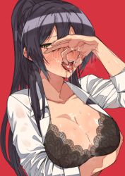 1girl :d black_bra black_hair blush bra breasts cleavage cum cum_on_body cum_on_breasts cum_on_upper_body erere idolmaster idolmaster_shiny_colors long_hair nipples open_clothes open_mouth ponytail red_background see-through shirase_sakuya simple_background smile solo teeth tongue tongue_out underwear yellow_eyes rating:Explicit score:115 user:danbooru
