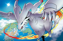  blue_sky cloud cloudy_sky commentary creature creatures_(company) day english_commentary flying from_above game_freak gen_5_pokemon legendary_pokemon nagasawa_shin nintendo no_humans ocean official_art outdoors pokemon pokemon_(creature) pokemon_tcg reshiram sky solo third-party_source 