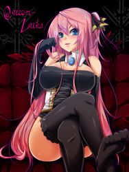 1girl blue_eyes blush breasts cleavage elbow_gloves covered_erect_nipples feet foot_focus gloves hair_ribbon huge_breasts lace lace-trimmed_legwear lace_trim large_breasts crossed_legs long_hair megurine_luka open_mouth pink_hair ribbon sitting smile solo thighhighs very_long_hair vocaloid yukinon yukinon_(tsuki_koubou) rating:Sensitive score:84 user:danbooru