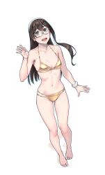  1girl :d alternate_costume aqua_eyes bare_arms bare_legs bare_shoulders barefoot bikini blue_eyes blush breasts brown_hair full_body glasses gold_bikini green_eyes groin hair_between_eyes hairband highres kantai_collection long_hair looking_at_viewer multi-strapped_bikini_bottom navel ooyodo_(kancolle) open_mouth semi-rimless_eyewear sidelocks simple_background smile solo standing stomach string_bikini swimsuit under-rim_eyewear very_long_hair white_background yuuji_(and) 