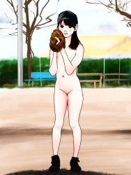 1girl baseball_glove bench black_eyes black_footwear black_hair black_sneakers blush breasts cleft_of_venus cotowari flat_chest hedge highres loli long_hair looking_at_viewer nipples nude original pole public_indecency pussy shoes small_breasts softball solo standing tree rating:Explicit score:28 user:Chunchuun