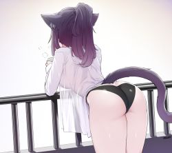1girl animal_ears arknights ass bent_over black_panties breasts cat_ears cat_tail commentary cowboy_shot cup from_behind grey_background highres holding holding_cup jessica_(arknights) k0ng large_breasts long_hair mug no_pants panties ponytail purple_hair railing shirt solo tail thighs underwear white_shirt rating:Sensitive score:132 user:danbooru