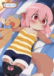  1boy 1girl :o animal_ears bed bed_sheet black_thighhighs blue_shorts blush body_fur breasts brown_hair camisole commentary dagashi_(daga2626) furry furry_female highres loli lying medium_hair momo-chan_(dagasi) on_back on_bed original paw_print print_thighhighs red_eyes shorts small_breasts striped_camisole stuffed_animal stuffed_toy tail teddy_bear thighhighs thighs time_stop two-tone_fur white_fur yellow_camisole 