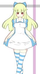  1girl apron asymmetrical_legwear black_alice_(mon-musu_quest!) blonde_hair blue_bow blue_dress blue_thighhighs blunt_bangs bow breasts closed_mouth commentary_request curtsey dress feet_out_of_frame hair_bow highres light_blush long_hair looking_at_viewer mismatched_legwear mon-musu_quest! mushturb8 partial_commentary red_eyes short_sleeves sidelocks simple_background small_breasts smile solo straight-on striped_clothes striped_thighhighs thighhighs white_apron white_background white_thighhighs zettai_ryouiki 
