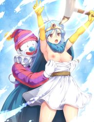  1boy 1girl assisted_exposure bad_id bad_pixiv_id blue_hair breasts breasts_out brown_hair circlet clothes_pull clown dragon_quest dragon_quest_iii dress dress_pull elbow_gloves gloves gradient_background humiliation jester_(dq3) komimiyako large_breasts long_hair nipples open_mouth pulling_another&#039;s_clothes red_eyes sage_(dq3) staff very_long_hair  rating:Questionable score:39 user:danbooru