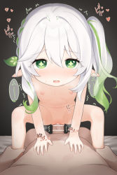  1boy 1girl ankle_grab arm_support bar_censor bed_sheet blush censored commentary_request completely_nude cross-shaped_pupils flat_chest genshin_impact girl_on_top gradient_hair green_eyes green_hair hair_between_eyes hair_ornament heart hetero highres leaf_hair_ornament loli looking_at_viewer matanukinuki multicolored_hair nahida_(genshin_impact) nipples nude open_mouth paid_reward_available pointy_ears pov pov_crotch sex side_ponytail solo_focus spoken_heart spread_legs squatting_cowgirl_position symbol-shaped_pupils tareme twitching two-tone_hair vaginal white_hair  rating:Explicit score:316 user:danbooru
