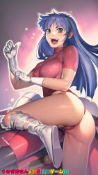  1girl ass athletic_leotard blue_eyes blue_hair blush boots breasts burning_force commentary_request dressing gloves glowing highres hover_bike leotard long_hair looking_at_viewer looking_back open_mouth science_fiction tengenji_hiromi thong translation_request uniform user_fahf2258 