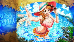  1girl artist_request breasts cleavage cloud female_focus glasses hat jpeg_artifacts large_breasts looking_at_viewer nami_(one_piece) navel ocean one_piece orange_hair outdoors partially_submerged plant sky solo standing sunglasses tattoo water  rating:Sensitive score:15 user:Ruffy16