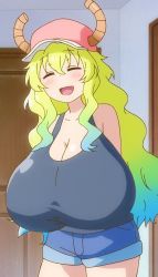 1girl bare_shoulders baseball_cap blonde_hair blue_hair blush breasts cleavage closed_eyes collarbone denim denim_shorts dragon_girl dragon_horns gigantic_breasts gradient_hair green_hair hat highres horns huge_breasts kobayashi-san_chi_no_maidragon lucoa_(maidragon) multicolored_hair open_mouth red_wizard_(artist) short_shorts shorts sleeveless smile solo tank_top thighs third-party_edit rating:Questionable score:87 user:JustHere4Butts