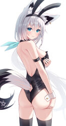  1girl absurdres ahoge alternate_costume animal_ear_piercing animal_ears aqua_eyes arm_strap arm_under_breasts ass backless_leotard black_collar black_leotard black_thighhighs blush braid breasts closed_mouth clothing_cutout collar commentary_request detached_collar fake_animal_ears fox_ears fox_girl fox_tail from_behind hair_ribbon hand_on_own_ass highleg highleg_leotard highres hololive knees_out_of_frame leotard long_hair looking_at_viewer looking_back low_ponytail medium_breasts pentagram playboy_bunny rabbit_ears ribbon shirakami_fubuki side_braid sideboob sidelocks solo strapless strapless_leotard tail tail_through_clothes thighhighs togemaru34 very_long_hair virtual_youtuber white_hair wrist_cuffs 