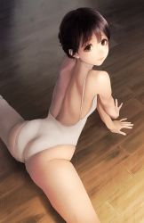  1girl arched_back arm_support artist_request ass back backless_leotard breasts brown_eyes brown_hair floor gymnastics leotard looking_at_viewer looking_back original short_hair skindentation small_breasts solo split stretching tareme thighs  rating:Sensitive score:88 user:danbooru