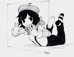 1girl against_glass black_hair feet gloves highres k-rha&#039;s looking_back mime original scarf sketch socks striped_clothes striped_socks  rating:General score:27 user:sneed_(formelly_chuck)