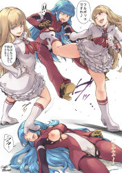 ! !! 2girls ascot blonde_hair blue_hair blunt_bangs breasts defeat dress fingerless_gloves foot_on_another&#039;s_face frilled_dress frills gloating gloves hand_on_own_hip injury jelly_shrimp kicking kula_diamond lili_(tekken) long_hair long_sleeves medium_breasts multiple_girls nipples open_mouth panties pants pantyshot peeing puffy_long_sleeves puffy_sleeves purple_eyes red_ascot red_eyes red_pants ryona small_breasts tekken the_king_of_fighters thighs tongue tongue_out torn_clothes underwear white_background white_dress white_gloves