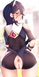  anus ass black_hair cleft_of_venus clothes erisa_(fortnite) highres open_clothes pussy spandex thigh_gap thighs tight_clothes yellow_eyes  rating:Explicit score:40 user:Makoto_Kou