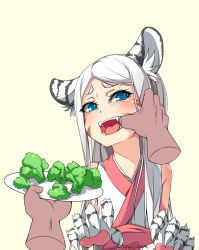 1boy 1girl animal_ears animal_hands bare_shoulders blue_eyes broccoli cat_ears cheek_pull claws disembodied_hand dream_demon eyebrows facial_mark fangs feeding finger_in_another&#039;s_mouth force-feeding jingai_musume kemonomimi_mode long_hair looking_at_viewer monster_girl mouth_pull original plate pov_feeding simple_background solo_focus sweat tears teeth tongue white_hair rating:Sensitive score:37 user:danbooru