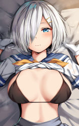  1girl banned_artist belko bikini bikini_top_only black_bikini blue_eyes blue_sailor_collar blush breasts breasts_out cleavage closed_mouth clothes_lift gloves grey_skirt hair_ornament hair_over_one_eye hairclip hamakaze_(kancolle) highres kantai_collection large_breasts looking_at_viewer lying navel neckerchief on_back sailor_collar shirt shirt_lift short_hair short_sleeves silver_hair skirt solo swimsuit white_gloves white_shirt yellow_neckerchief  rating:Sensitive score:99 user:danbooru