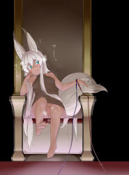  1girl animal_ears aqua_eyes barefoot bottomless breasts chair dark-skinned_female dark_skin eyebrows feet fox_ears fox_tail highres lappuru leash long_hair on_chair pussy sitting small_breasts smile solo solo_focus tail thick_eyebrows toes very_long_hair white_hair  rating:Explicit score:71 user:danbooru