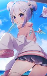  1girl :p amane_kanata arm_support ass black_skirt blue_hair blue_sky blush closed_mouth cloud cloudy_sky double_bun food fragir from_behind hair_bun highres holding holding_food holding_popsicle hololive horizon jacket legs_apart lens_flare looking_at_viewer microskirt multicolored_clothes multicolored_hair multicolored_jacket pink_jacket pleated_skirt popsicle purple_eyes short_hair sidelocks skirt sky sleeves_past_fingers sleeves_past_wrists smile solo streaked_hair thighs tongue tongue_out two-tone_jacket virtual_youtuber white_hair white_jacket 