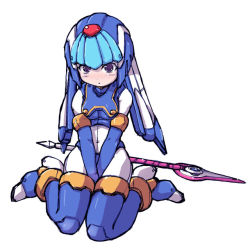  1girl android between_thighs blue_eyes breasts capcom elbow_gloves girutaabo gloves kneeling knees_together_feet_apart fairy_leviathan_(mega_man) mega_man_(series) mega_man_zero_(series) sitting small_breasts solo staff thighhighs v_arms wariza  rating:Sensitive score:28 user:danbooru