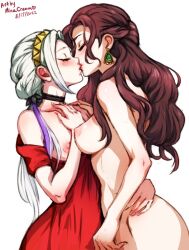  2girls black_choker braid breasts breasts_out brown_hair choker closed_eyes closed_mouth clothed_female_nude_female completely_nude dorothea_arnault dress earrings edelgard_von_hresvelg fire_emblem fire_emblem:_three_houses fire_emblem_warriors:_three_hopes hand_on_own_chest jewelry kiss long_hair low_ponytail medium_breasts mina_cream multiple_girls nintendo nipples nude official_alternate_costume official_alternate_hairstyle red_dress tagme third-party_edit white_background white_hair yuri 