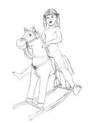  1girl highres loli monochrome nude rocking_horse  rating:Questionable score:18 user:formaggio_triangulo