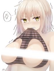 1girl anger_vein bad_id bad_pixiv_id blush breasts breasts_out censored_nipples collarbone fate/grand_order fate_(series) highres jeanne_d&#039;arc_(fate) jeanne_d&#039;arc_alter_(avenger)_(fate) jeanne_d&#039;arc_alter_(fate) large_breasts light_censor looking_at_viewer looking_to_the_side mouth_hold nude pale_skin panties panties_on_breasts ramchi short_hair signature silver_hair simple_background solo striped_clothes striped_panties teeth teeth_hold trembling underwear unmoving_pattern upper_body white_background yellow_eyes rating:Questionable score:18 user:danbooru