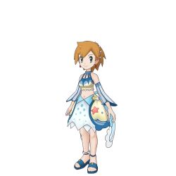 1girl alternate_costume anklet blue_eyes creatures_(company) detached_sleeves earrings feet game_freak gym_leader jewelry midriff misty_(pokemon) misty_(sygna_suit)_(pokemon) navel nintendo official_alternate_costume official_art orange_hair pokemon pokemon_masters_ex posing_for_the_viewer sandals short_hair smile toes