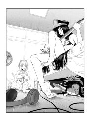  3girls :d absurdres bare_legs barefoot bedroom bikini bow breasts can chibi commentary crossed_ankles cup dorsiflexion electric_fan fate/grand_order fate_(series) feet full_body greyscale guitar hair_between_eyes hair_bow hat headphones highres indoors instrument knee_up kusujinn legs long_hair looking_at_another medium_breasts medium_hair military_hat mini_nobu_(fate) monochrome multiple_girls oda_nobunaga_(fate) oda_nobunaga_(swimsuit_berserker)_(fate) okita_souji_(fate) okita_souji_alter_(swimsuit_saber)_(fate) on_bed open_mouth peaked_cap plantar_flexion playing_guitar shadow sitting smile soles swimsuit toenails toes very_long_hair 
