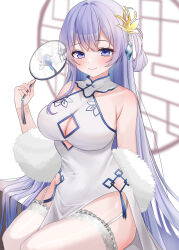  1girl azur_lane blue_gemstone breasts china_dress chinese_clothes clothing_cutout cutout_above_navel dress feather_boa fur_shawl garter_straps gem hair_ornament hand_fan highres holding holding_fan lace lace-trimmed_thighhighs large_breasts official_alternate_costume pelvic_curtain purple_eyes rodney_(azur_lane) rodney_(immaculate_beauty)_(azur_lane) round_window shawl sitting sleeveless sleeveless_dress solo thighhighs transparent_fan tuanshan underboob_cutout white_garter_straps white_thighhighs window yoshino_(mfmfpng)  rating:Sensitive score:9 user:danbooru
