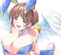 1girl :d animal_ears areola_slip ass blush breast_hold breasts breasts_squeezed_together brown_eyes brown_hair cleavage covered_erect_nipples detached_collar eyebrows fake_animal_ears feathered_wings hair_ornament haruichi_(komikal) kamihime_project_r large_breasts long_hair looking_at_viewer multicolored_eyes nike_(kamihime) open_mouth rabbit_ears rabbit_tail short_hair simple_background smile solo strapless tail white_background white_wings wings x_hair_ornament rating:Questionable score:28 user:danbooru