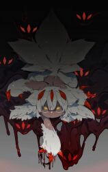  1girl absurdres blood blood_on_face body_fur bright_pupils claws constricted_pupils crawling double-parted_bangs extra_arms eyes_in_shadow faputa fewer_digits from_above full_body grey_background highres horns irumyuui&#039;s_children looking_at_viewer lying made_in_abyss mafuin_da monster_girl multiple_horns multiple_tails no_mouth on_stomach red_horns short_hair tail white_fur white_hair yellow_eyes yellow_pupils 