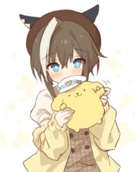  1girl animal_ears blue_eyes blush brown_hair cheval_grand_(umamusume) closed_mouth crossover ear_covers ears_through_headwear hair_between_eyes hat holding horse_ears horse_girl jacket long_sleeves looking_at_viewer mauve multicolored_hair official_alternate_costume pompompurin sanrio shirt short_hair simple_background streaked_hair umamusume upper_body white_background white_hair 