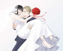  1boy 1girl bare_arms bare_shoulders black_hair blonde_hair blunt_bangs blush bouquet bow bowtie breasts carrying closed_eyes closed_mouth commentary_request couple dress earrings facing_another flower formal gold_earrings gradient_background high_heels holding holding_bouquet husband_and_wife jacket jewelry large_breasts long_hair looking_at_another nako_(5a64_sf) open_mouth pants princess_carry red_flower ring shirt short_hair sidelocks smile spy_x_family strapless strapless_dress suit twilight_(spy_x_family) wedding_dress wedding_ring white_dress white_footwear white_shirt yor_briar 